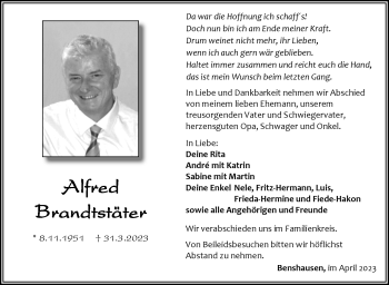 Traueranzeige von Alfred Brandtstäter von Südthüringer Presse