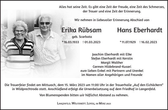 Traueranzeige von Erika Rübsam Hans Eberhardt von Südthüringer Presse