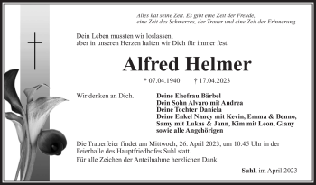 Traueranzeige von Alfred Helmer von Südthüringer Presse