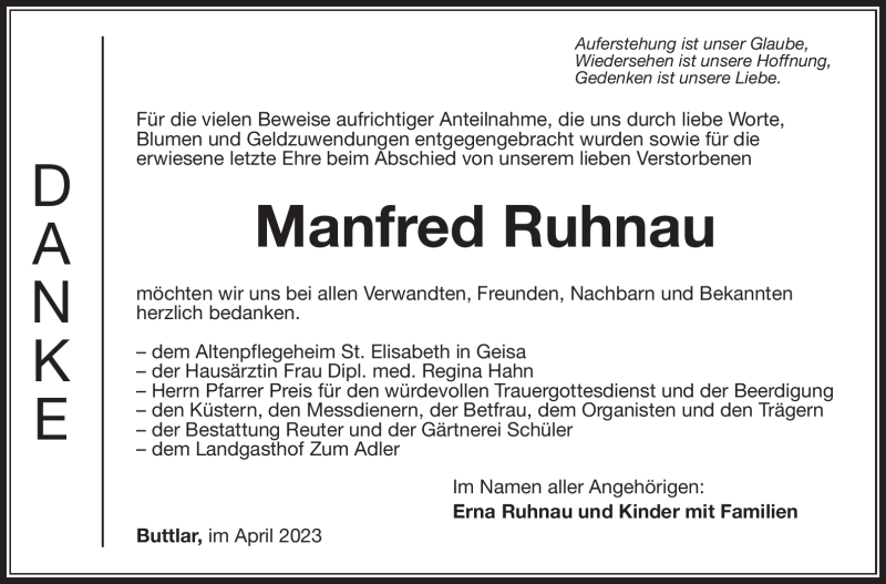  Traueranzeige für Manfred Ruhnau vom 01.04.2023 aus Südthüringer Presse