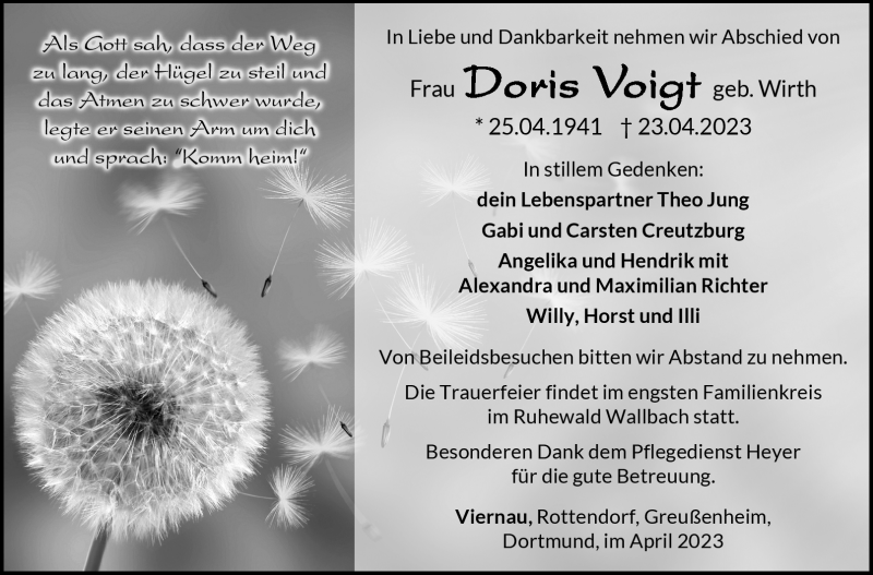  Traueranzeige für Doris Voigt vom 29.04.2023 aus Südthüringer Presse