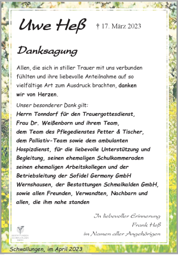 Traueranzeige von Uwe Heß von Südthüringer Presse