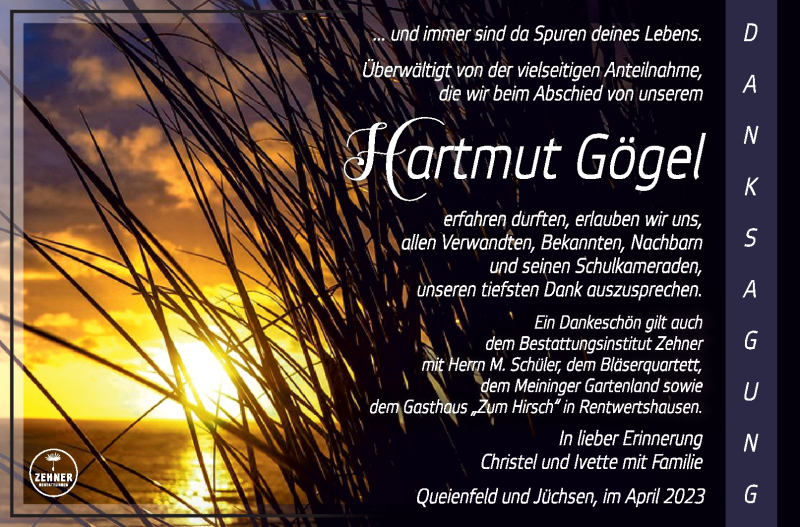  Traueranzeige für Hartmut Gögel vom 01.04.2023 aus Südthüringer Presse