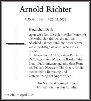 Traueranzeige von Arnold Richter von Südthüringer Presse