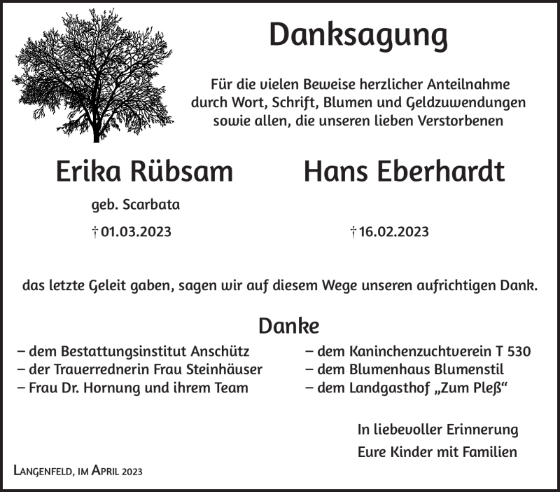  Traueranzeige für Erika Rübsam Hans Eberhardt vom 08.04.2023 aus Südthüringer Presse