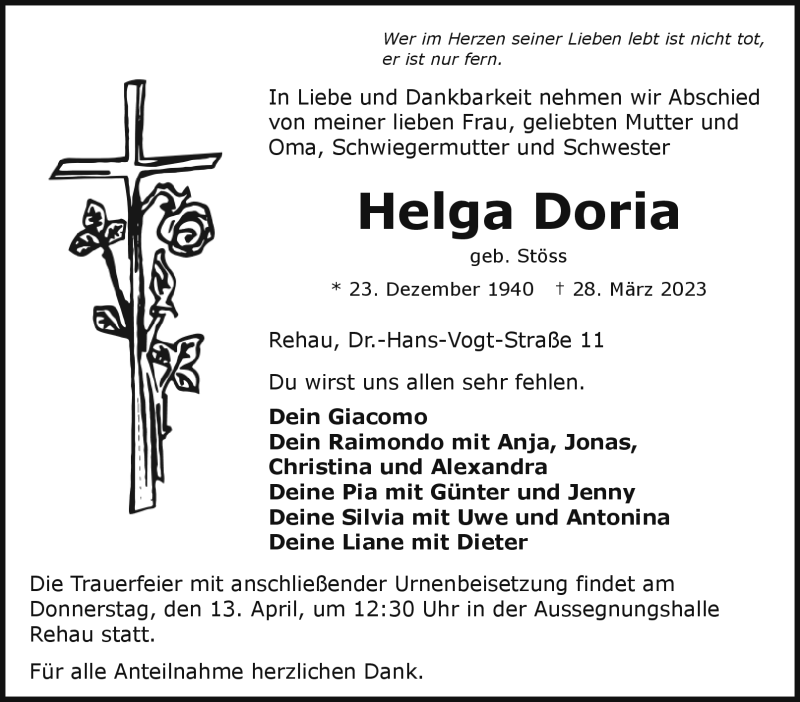  Traueranzeige für Helga Doria vom 08.04.2023 aus Frankenpost