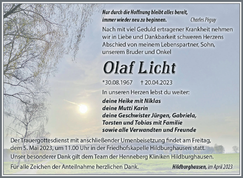  Traueranzeige für Olaf Licht vom 29.04.2023 aus Südthüringer Presse