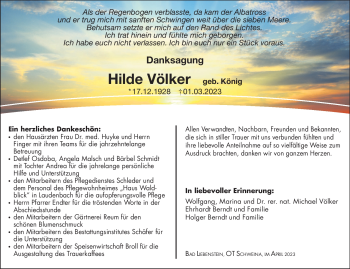 Traueranzeige von Hilde Völker von Südthüringer Presse