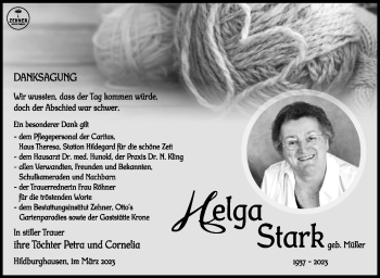 Traueranzeige von Helga Stark von Südthüringer Presse