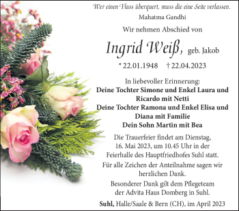 Traueranzeige von Ingrid Weiß von Südthüringer Presse