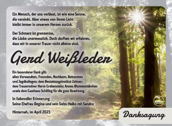 Traueranzeige von Gerd Weißleder von Südthüringer Presse