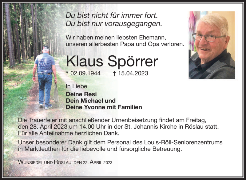  Traueranzeige für Klaus Spörrer vom 22.04.2023 aus Frankenpost