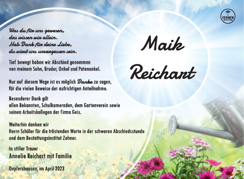  Traueranzeige für Maik Reichart vom 01.04.2023 aus Südthüringer Presse