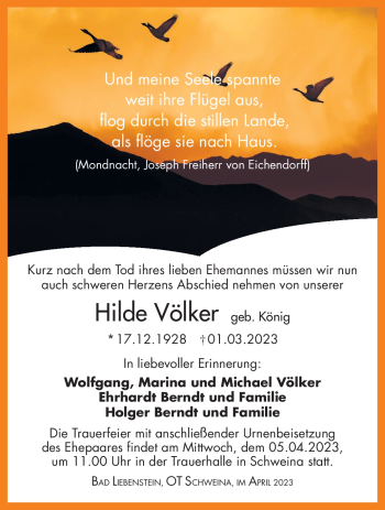 Traueranzeige von Hilde Völker von Südthüringer Presse