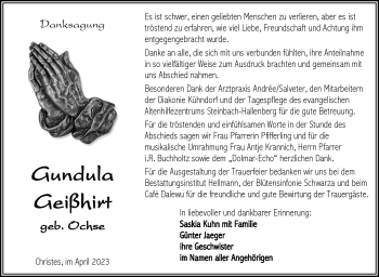 Traueranzeige von Gundula Geißhirt von Südthüringer Presse