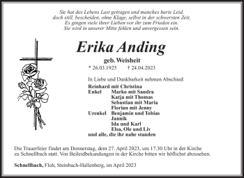 Traueranzeige von Erika Anding von Südthüringer Presse