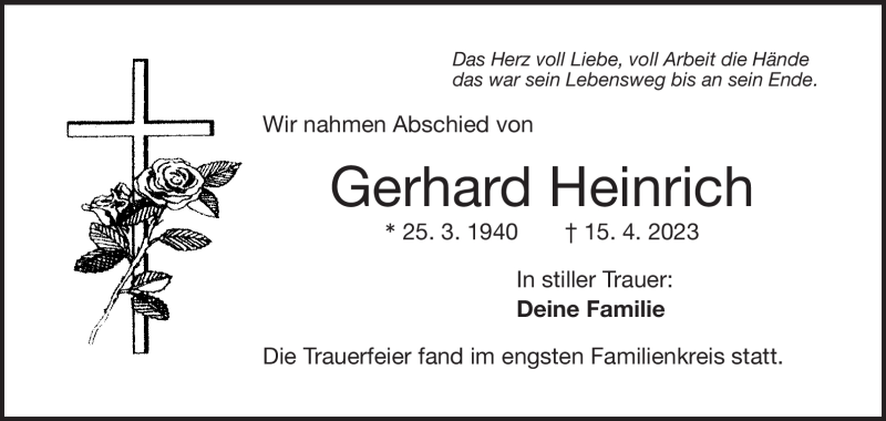  Traueranzeige für Gerhard Heinrich vom 21.04.2023 aus Frankenpost