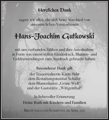 Traueranzeige von Hans-Joachim Gutkowski von Südthüringer Presse