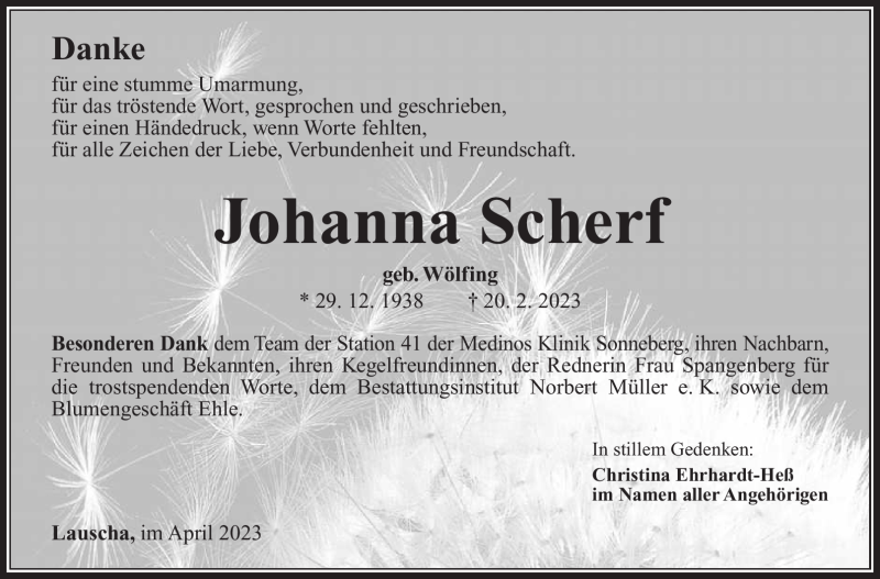 Traueranzeige für Johanna Scherf vom 15.04.2023 aus Südthüringer Presse