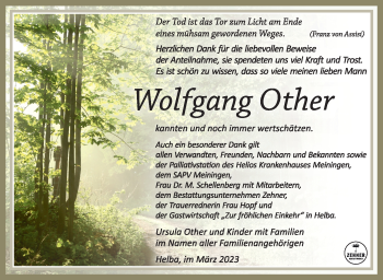 Traueranzeige von Wolfgang Other von Südthüringer Presse