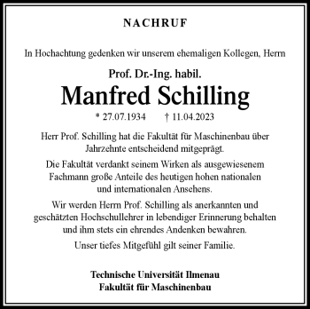 Traueranzeige von Manfred Schilling von Südthüringer Presse