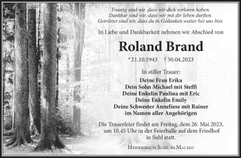 Traueranzeige von Roland Brand von Südthüringer Presse