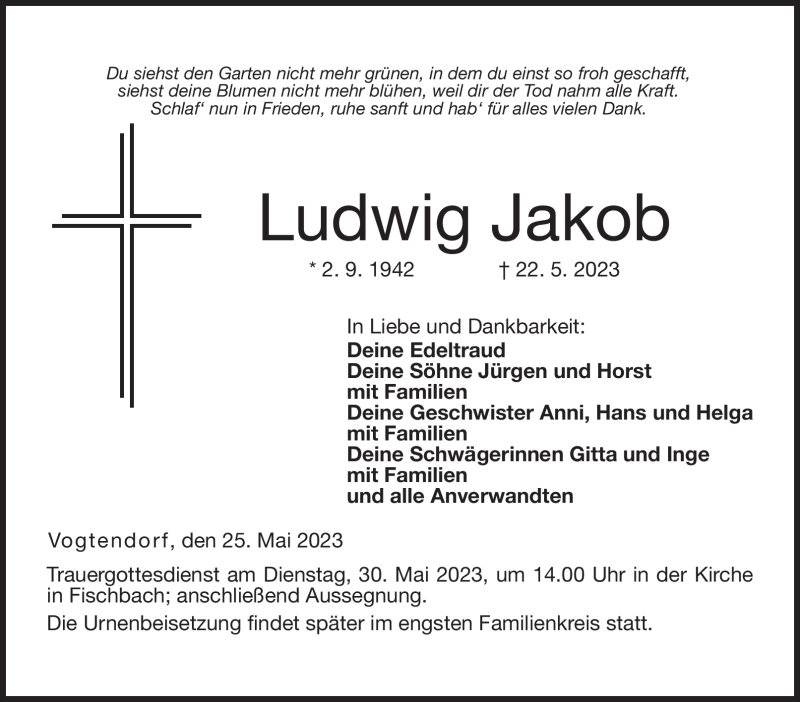 Traueranzeige für Ludwig Jakob vom 25.05.2023 aus Neue Presse Coburg