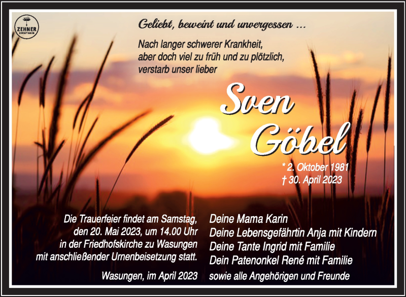  Traueranzeige für Sven Göbel vom 10.05.2023 aus Südthüringer Presse