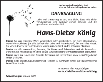Traueranzeige von Hans-Dieter König von Südthüringer Presse