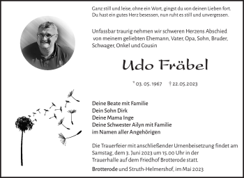 Traueranzeige von Udo Fräbel von Südthüringer Presse