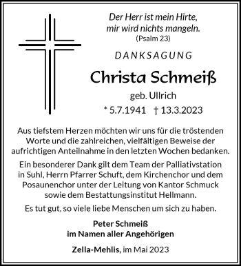 Traueranzeige von Christa Schmeiß von Südthüringer Presse