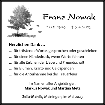 Traueranzeige von Franz Nowak von Südthüringer Presse