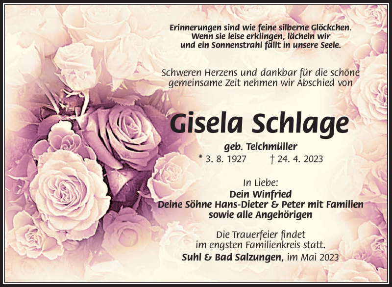  Traueranzeige für Gisela Schlage vom 06.05.2023 aus Südthüringer Presse