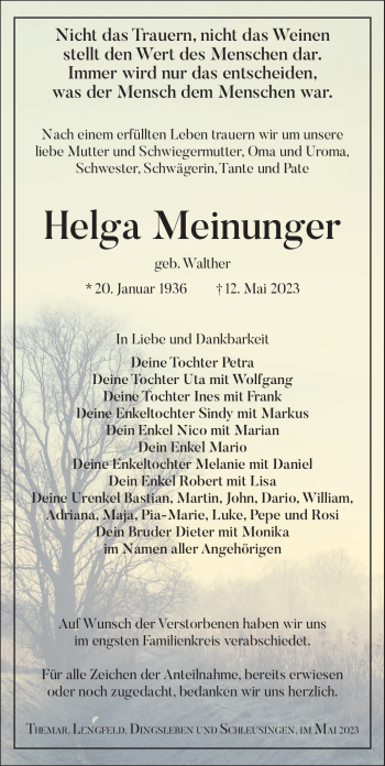 Traueranzeige von Helga Meinunger von Südthüringer Presse