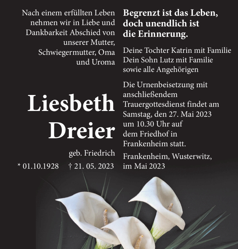 Traueranzeige für Liesbeth Dreier vom 24.05.2023 aus Südthüringer Presse