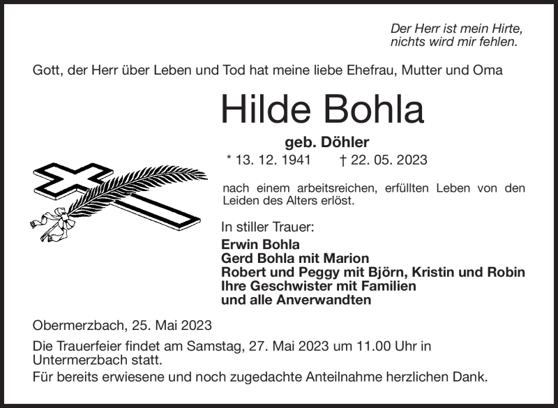  Traueranzeige für Hilde Bohla vom 25.05.2023 aus Neue Presse Coburg