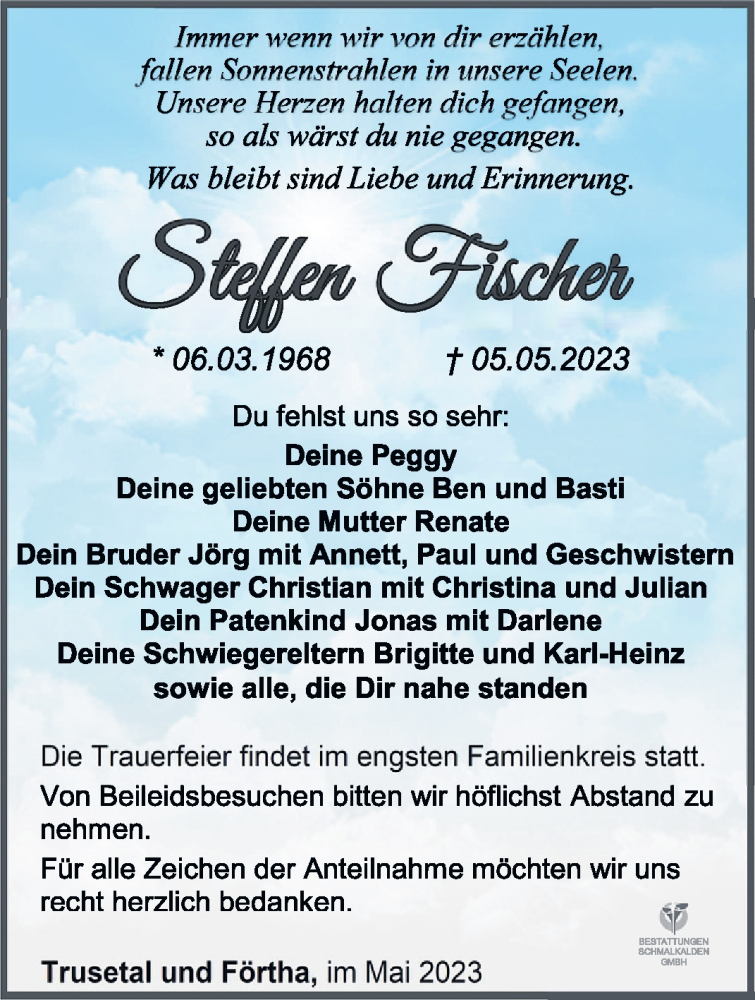 Traueranzeige für Steffen Fischer vom 13.05.2023 aus Südthüringer Presse