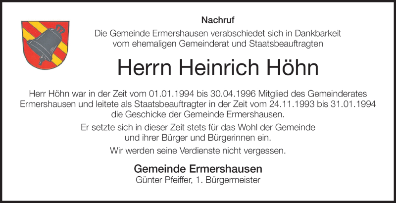  Traueranzeige für Heinrich Höhn vom 26.05.2023 aus Neue Presse Coburg