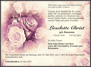 Traueranzeige von Lieselotte Christ von Südthüringer Presse