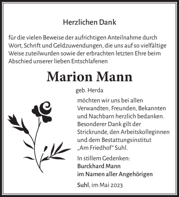 Traueranzeige von Marion Mann von Südthüringer Presse