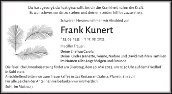 Traueranzeige von Frank Kunert von Südthüringer Presse