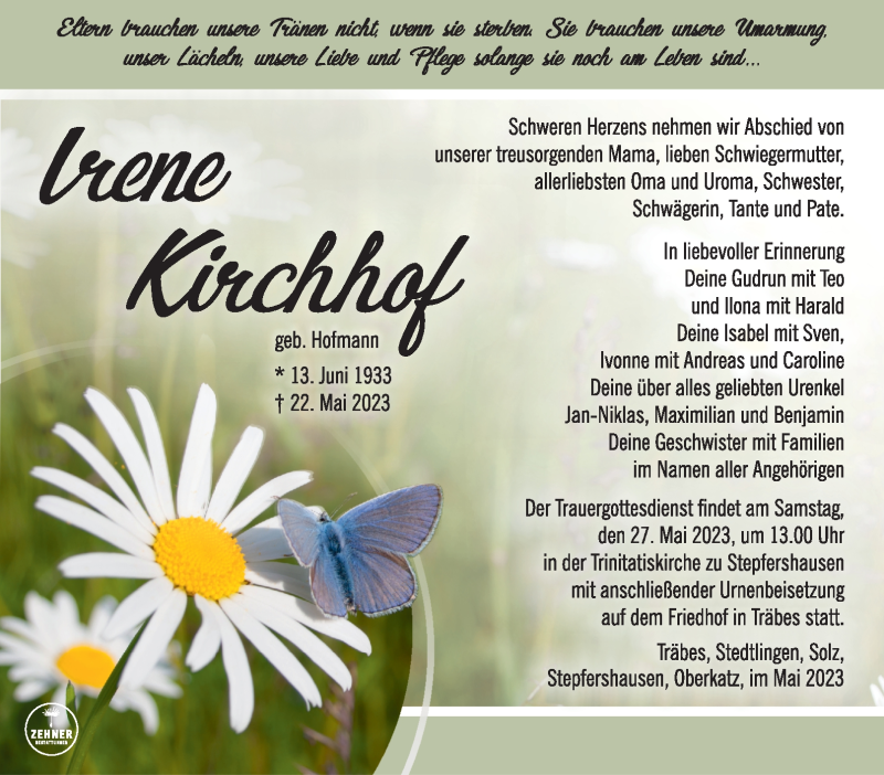  Traueranzeige für Irene Kirchhof vom 25.05.2023 aus Südthüringer Presse