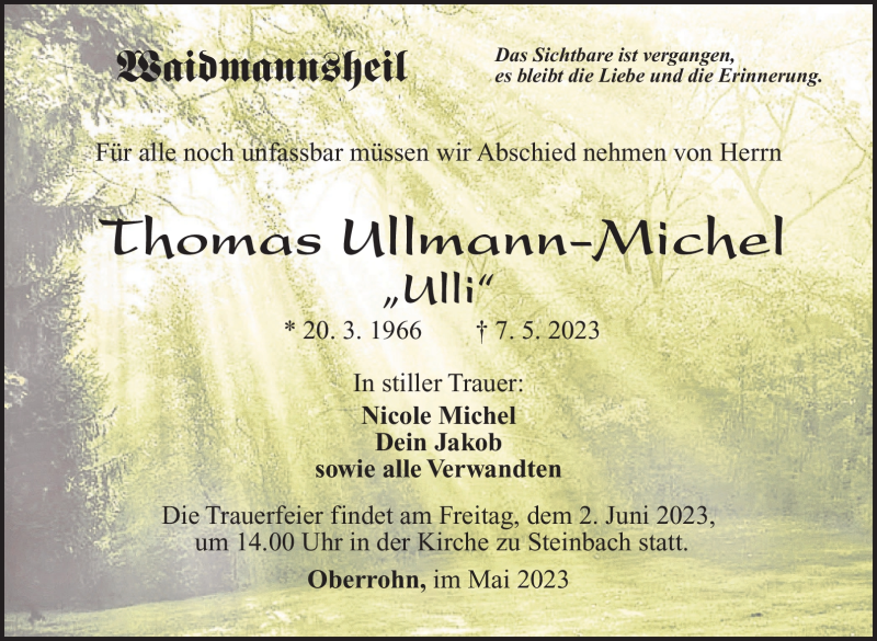  Traueranzeige für Thomas Ullmann-Michel vom 27.05.2023 aus Südthüringer Presse