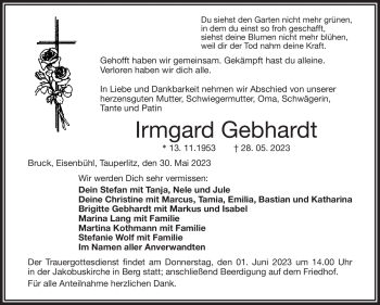 Traueranzeige von Irmgard Gebhardt von Frankenpost