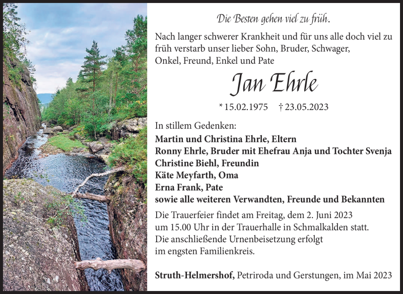  Traueranzeige für Jan Ehrle vom 27.05.2023 aus Südthüringer Presse
