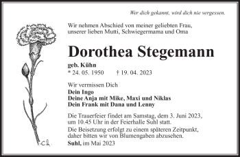 Traueranzeige von Dorothea Stegemann von Südthüringer Presse