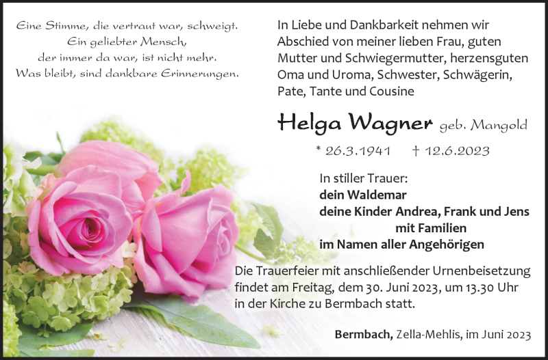  Traueranzeige für Helga Wagner vom 24.06.2023 aus Südthüringer Presse