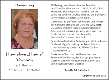 Traueranzeige von Hannelore Vorbach von Südthüringer Presse