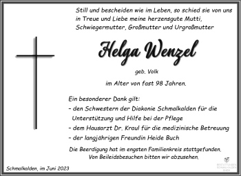 Traueranzeige von Helga Wenzel von Südthüringer Presse