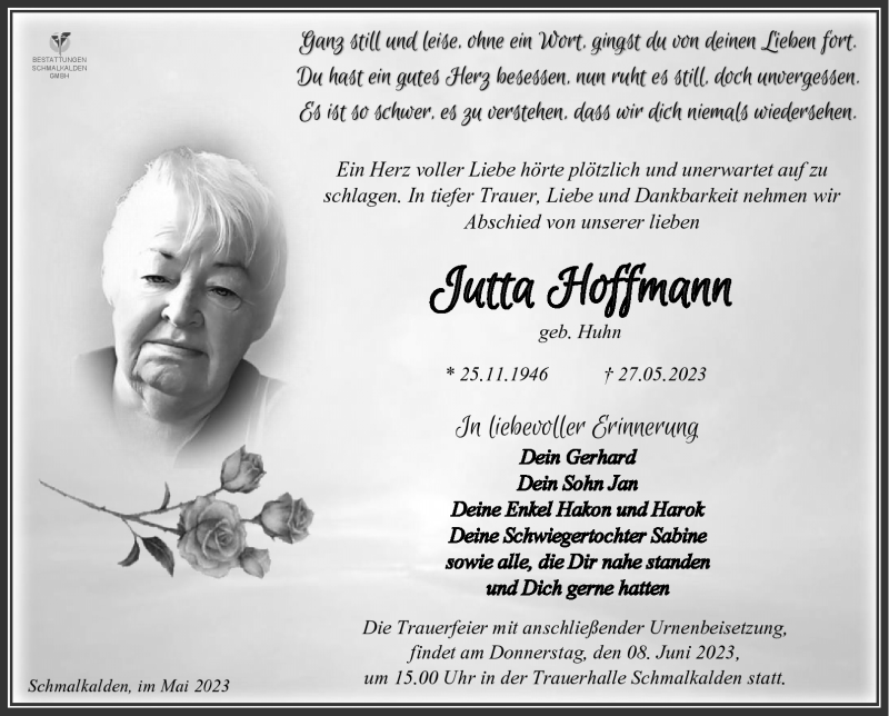  Traueranzeige für Jutta Hoffmann vom 03.06.2023 aus Südthüringer Presse